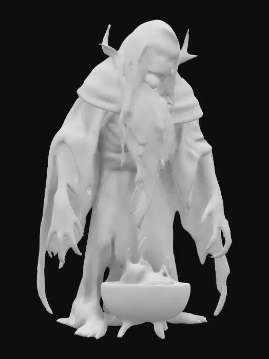 3D model for A towering, skeletal figure hunched over, draped in tattered, soot-stained robes. His pale, blistered skin clings to his frail frame, veins and burns visible beneath. A long, matted white beard spills over his chest, partially hiding his hollow eyes and gaunt, sorrowful face. His clawed hands grip a massive, rusted bronze bowl filled with smoldering embers, ash covering his arms. His trembling form and ragged breath exude agony, as if cursed to suffer eternally, Highly Detailed,