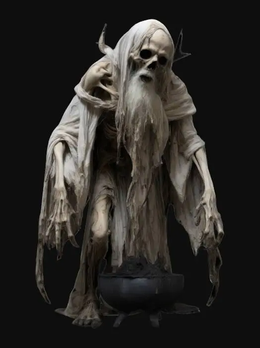 3D model for A towering, skeletal figure hunched over, draped in tattered, soot-stained robes. His pale, blistered skin clings to his frail frame, veins and burns visible beneath. A long, matted white beard spills over his chest, partially hiding his hollow eyes and gaunt, sorrowful face. His clawed hands grip a massive, rusted bronze bowl filled with smoldering embers, ash covering his arms. His trembling form and ragged breath exude agony, as if cursed to suffer eternally, Highly Detailed,