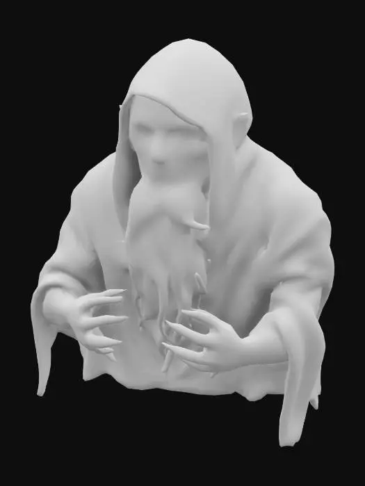 3D model for A towering, gaunt figure with a hunched back, draped in tattered, soot-stained robes. His pale, blistered skin stretches over his emaciated frame, with deep wrinkles and burns. A long, unkempt white beard cascades down his chest, partially covering his hollow cheeks and sunken, sorrowful eyes. His gnarled, claw-like hands are large and bony, trembling from age and decay. His frail form appears weak, yet imposing, with his ragged robes hanging loosely over his wasted body, Highly Detailed