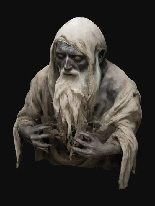 3D model for A towering, gaunt figure with a hunched back, draped in tattered, soot-stained robes. His pale, blistered skin stretches over his emaciated frame, with deep wrinkles and burns. A long, unkempt white beard cascades down his chest, partially covering his hollow cheeks and sunken, sorrowful eyes. His gnarled, claw-like hands are large and bony, trembling from age and decay. His frail form appears weak, yet imposing, with his ragged robes hanging loosely over his wasted body, Highly Detailed
