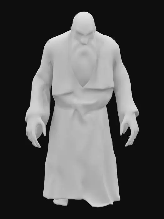 3D model for A towering, gaunt figure with a hunched back, draped in tattered, soot-stained robes. His pale, blistered skin stretches over his emaciated frame, with deep wrinkles and burns. A long, unkempt white beard cascades down his chest, partially covering his hollow cheeks and sunken, sorrowful eyes. His gnarled, claw-like hands are large and bony, trembling from age and decay. His frail form appears weak, yet imposing, with his ragged robes hanging loosely over his wasted body, Highly Detailed