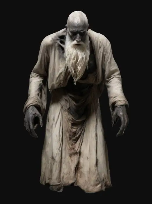 3D model for A towering, gaunt figure with a hunched back, draped in tattered, soot-stained robes. His pale, blistered skin stretches over his emaciated frame, with deep wrinkles and burns. A long, unkempt white beard cascades down his chest, partially covering his hollow cheeks and sunken, sorrowful eyes. His gnarled, claw-like hands are large and bony, trembling from age and decay. His frail form appears weak, yet imposing, with his ragged robes hanging loosely over his wasted body, Highly Detailed