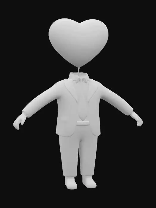 3D model for a human with suit without head insted of head he has balloon on a string in shape of red hearth balloon., #valentine#