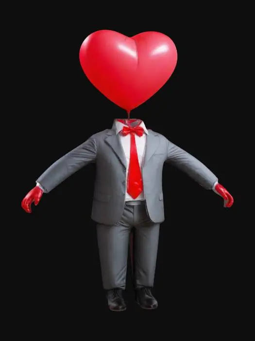 3D model for a human with suit without head insted of head he has balloon on a string in shape of red hearth balloon., #valentine#
