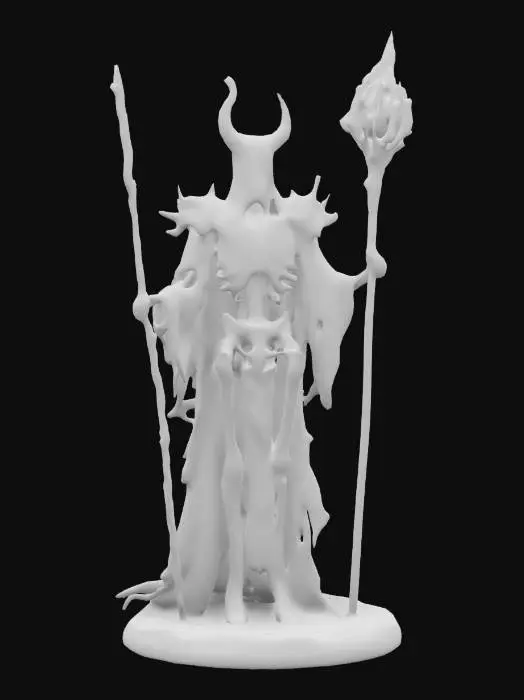 3D model for "A towering, skeletal husk draped in tattered cosmic vestments, its body wrapped in rusted chains inscribed with forgotten celestial scripture. Where its face should be, a swirling void shifts, echoing the screams of dying stars. A jagged crown of metal spines juts from its skull, pulsing with violet energy. In one hand, it grips an obsidian staff, cradling a fractured, flickering star. With each step, reality distorts, leaving behind whispers of a shattered cosmic order lost to time