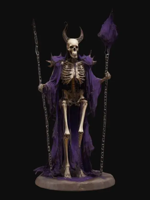 3D model for "A towering, skeletal husk draped in tattered cosmic vestments, its body wrapped in rusted chains inscribed with forgotten celestial scripture. Where its face should be, a swirling void shifts, echoing the screams of dying stars. A jagged crown of metal spines juts from its skull, pulsing with violet energy. In one hand, it grips an obsidian staff, cradling a fractured, flickering star. With each step, reality distorts, leaving behind whispers of a shattered cosmic order lost to time