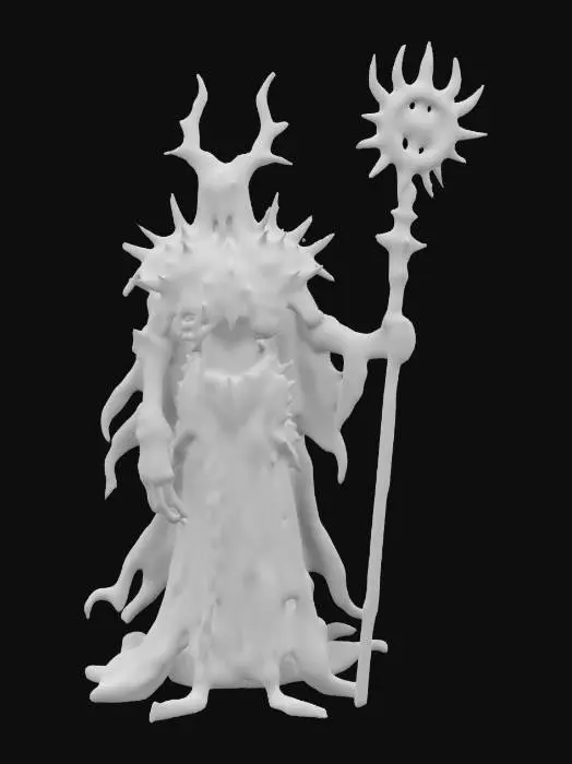3D model for "A towering, skeletal husk draped in tattered cosmic vestments, its body wrapped in rusted chains inscribed with forgotten celestial scripture. Where its face should be, a swirling void shifts, echoing the screams of dying stars. A jagged crown of metal spines juts from its skull, pulsing with violet energy. In one hand, it grips an obsidian staff, cradling a fractured, flickering star. With each step, reality distorts, leaving behind whispers of a shattered cosmic order lost to time