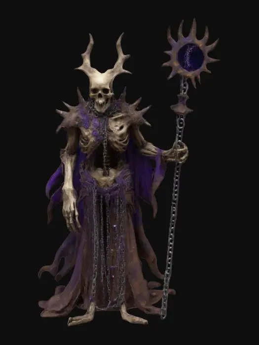 3D model for "A towering, skeletal husk draped in tattered cosmic vestments, its body wrapped in rusted chains inscribed with forgotten celestial scripture. Where its face should be, a swirling void shifts, echoing the screams of dying stars. A jagged crown of metal spines juts from its skull, pulsing with violet energy. In one hand, it grips an obsidian staff, cradling a fractured, flickering star. With each step, reality distorts, leaving behind whispers of a shattered cosmic order lost to time