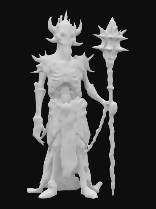 3D model for "A towering, skeletal husk draped in tattered cosmic vestments, its body wrapped in rusted chains inscribed with forgotten celestial scripture. Where its face should be, a swirling void shifts, echoing the screams of dying stars. A jagged crown of metal spines juts from its skull, pulsing with violet energy. In one hand, it grips an obsidian staff, cradling a fractured, flickering star. With each step, reality distorts, leaving behind whispers of a shattered cosmic order lost to time