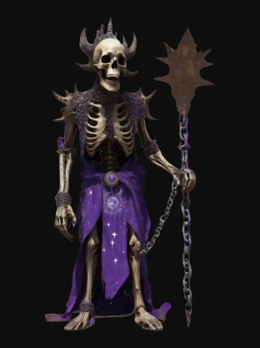 3D model for "A towering, skeletal husk draped in tattered cosmic vestments, its body wrapped in rusted chains inscribed with forgotten celestial scripture. Where its face should be, a swirling void shifts, echoing the screams of dying stars. A jagged crown of metal spines juts from its skull, pulsing with violet energy. In one hand, it grips an obsidian staff, cradling a fractured, flickering star. With each step, reality distorts, leaving behind whispers of a shattered cosmic order lost to time