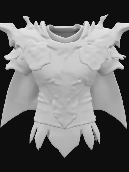 3D model for A royal sharp plated chest armor as game item, the chest armor peace is in snowflake obsidian color, with dirty blood red color cape, highly detailed decorative, decorated with gothic symbols, legendary item