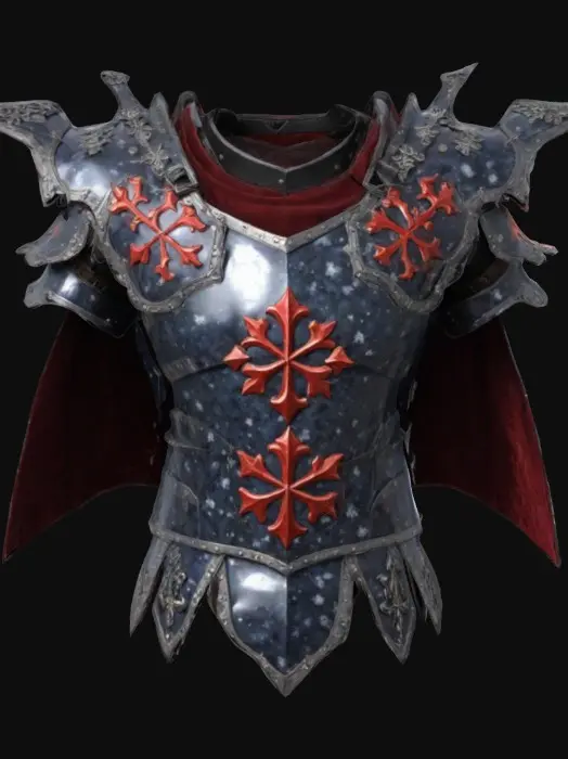 3D model for A royal sharp plated chest armor as game item, the chest armor peace is in snowflake obsidian color, with dirty blood red color cape, highly detailed decorative, decorated with gothic symbols, legendary item
