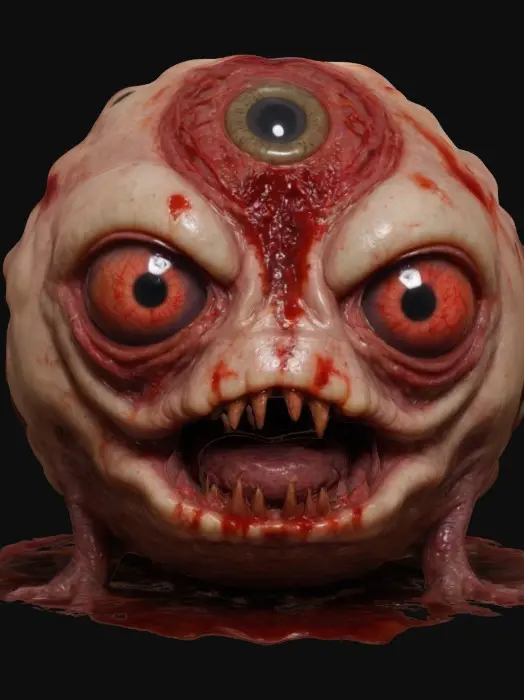 3D model for Flesh/Meaty ball with creepy eyes all over it. Bloody, gross, grotesque, large variety of alien/raptile non humanic eyes