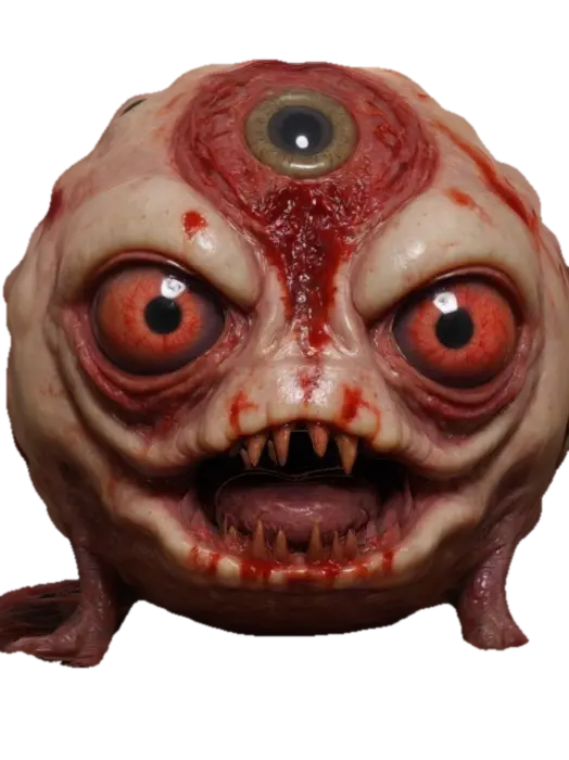 Flesh/Meaty ball with creepy eyes all over it. Bloody, gross, grotesque, large… 3D model, vytvořený pomocí AI