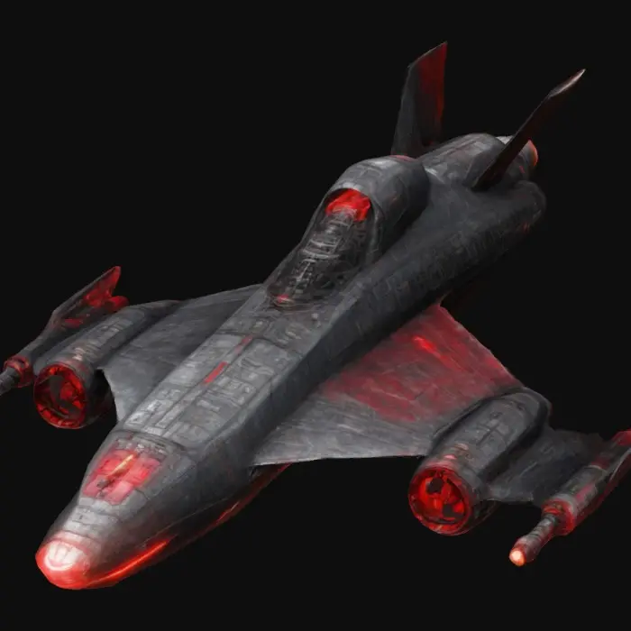 3D model for Spacecraft in style of brutalism, texture is in metal black, engine glowing with red plasma, extremely detailed 