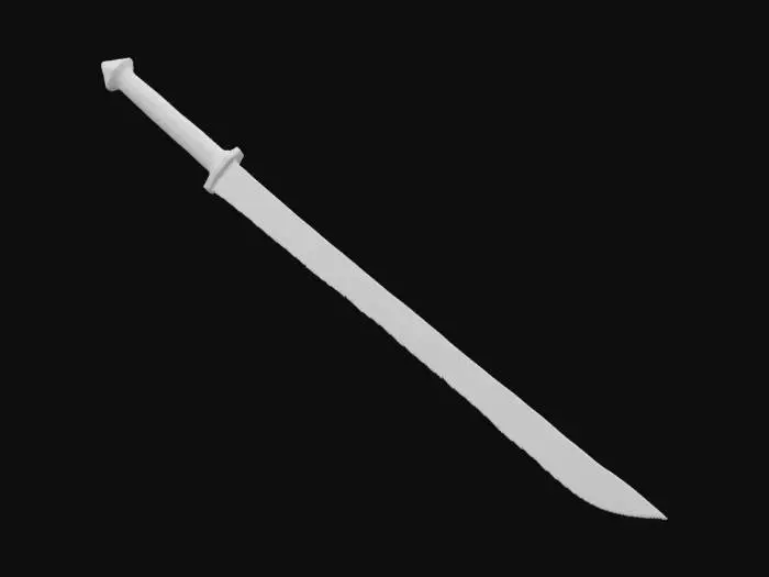 3D model for Je voudrais une lame double avec une affinité foudre mais de couleur noir et orange je ne veux pas de foudre bleu. Je voudrais qu'elle soit damassée comme les couteaux japonais, j'aimerais qu'elle soit ni trop courte, ni trop longue (taille d'un buste humain) avec un joli manche en bois couleur terne proche du gris. Un pommeau en pointe et une petite garde mais qui n'enveloppe pas la main. Je veux qu'elle soit pointue avec un effet de tranchant. avec un signe de foudre sur la lame mais en petit.