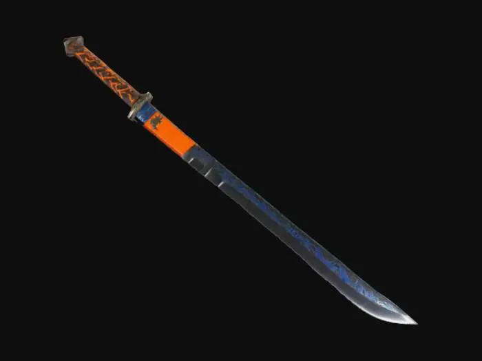 3D model for Je voudrais une lame double avec une affinité foudre mais de couleur noir et orange je ne veux pas de foudre bleu. Je voudrais qu'elle soit damassée comme les couteaux japonais, j'aimerais qu'elle soit ni trop courte, ni trop longue (taille d'un buste humain) avec un joli manche en bois couleur terne proche du gris. Un pommeau en pointe et une petite garde mais qui n'enveloppe pas la main. Je veux qu'elle soit pointue avec un effet de tranchant. avec un signe de foudre sur la lame mais en petit.