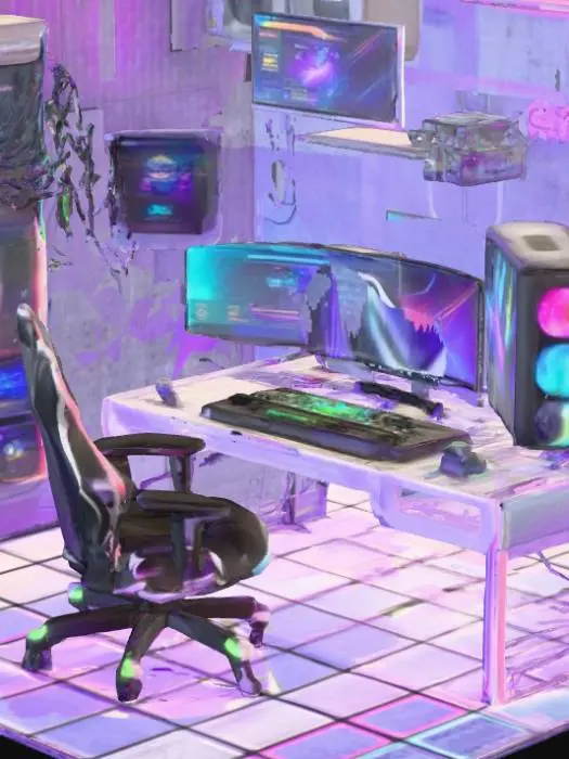 3D model for hi-tech bedroom, RGB lights everywhere, hacker's bedroom, open floor plan, no bed, gaming chair, cyberpunk aesthetic, glass desk, RGB lights on PC and Monitor, server stack in the background