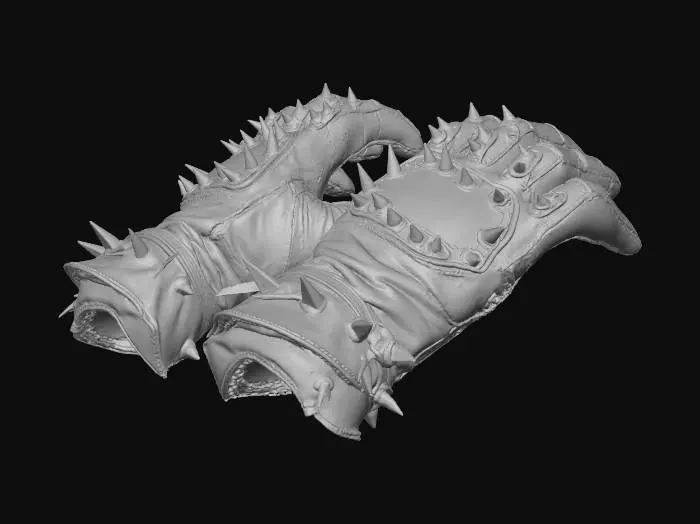 3D model for Create a matching pair of heavy spiked leather gloves, one left and one right. Both gloves are thick, cracked dark-brown leather with deep wrinkles and wrapped leather straps around the wrist and forearm. Each hand is curled into a tight fist with correct thumb placement for left and right. A metal knuckle plate holds four large steel spikes on the back of each fist. Fingers are bulky and armored in leather. Gloves should be rugged, worn, and fantasy-styled, with proper left/right orientation and consistent proportions.