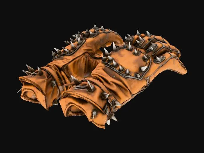 3D model for Create a matching pair of heavy spiked leather gloves, one left and one right. Both gloves are thick, cracked dark-brown leather with deep wrinkles and wrapped leather straps around the wrist and forearm. Each hand is curled into a tight fist with correct thumb placement for left and right. A metal knuckle plate holds four large steel spikes on the back of each fist. Fingers are bulky and armored in leather. Gloves should be rugged, worn, and fantasy-styled, with proper left/right orientation and consistent proportions.