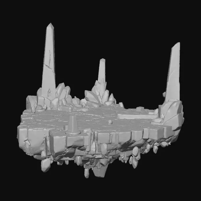 3D model for A vast floating arena made of fractured obsidian platforms suspended above a swirling cosmic void. The ground is cracked with glowing red and violet fissures that pulse like celestial veins. Jagged cliffs drop into swirling nebula clouds of deep crimson, amethyst, and black. Shattered temple pillars and broken monoliths rise at odd angles, engraved with faintly glowing runes in red-purple gradients. Stray floating rocks drift slowly around the arena, lit by an eclipsed sky where a blood-red sun is half-covered by a shadowed celestial body. Faint stardust, arcane mist, and drifting ember-like particles fill the air, casting eerie reflections across the ruined stone.