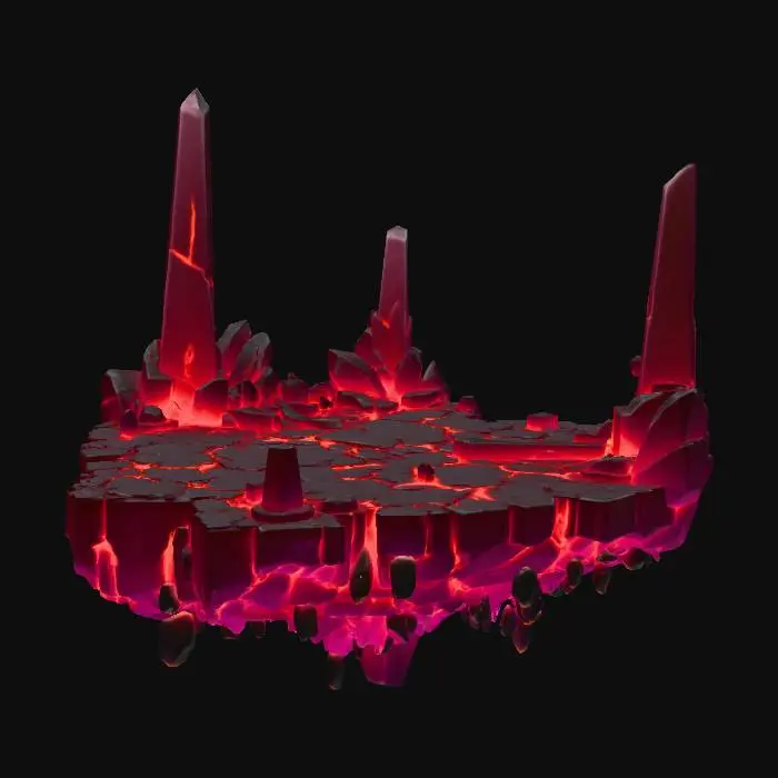 3D model for A vast floating arena made of fractured obsidian platforms suspended above a swirling cosmic void. The ground is cracked with glowing red and violet fissures that pulse like celestial veins. Jagged cliffs drop into swirling nebula clouds of deep crimson, amethyst, and black. Shattered temple pillars and broken monoliths rise at odd angles, engraved with faintly glowing runes in red-purple gradients. Stray floating rocks drift slowly around the arena, lit by an eclipsed sky where a blood-red sun is half-covered by a shadowed celestial body. Faint stardust, arcane mist, and drifting ember-like particles fill the air, casting eerie reflections across the ruined stone.