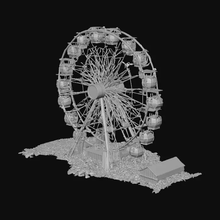 3D model for A large, heavily damaged Ferris wheel made of metal. The wheel is partially collapsed, with several broken spokes and missing segments. Some gondola cabins are bent, hanging loosely, or missing entirely. The metal frame is rusted, warped, and twisted from structural failure. The central hub is cracked, and the wheel leans to one side as if it’s close to collapsing. Add scattered debris pieces attached to the wheel, like torn metal shards. Weathering should include rust, soot, and chipping paint.