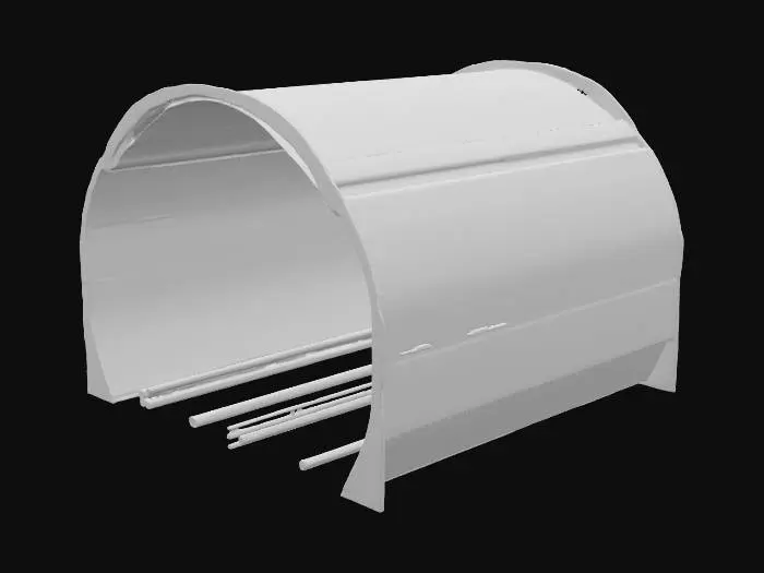 3D model for 一个精密的钢筋混凝土电力隧道模型，呈现出笔直或微弯的管状结构，表面模拟粗糙的混凝土质感，带有微小的颗粒和细致的施工缝隙。整体呈沉稳的灰白色调，内部可能展现出暴露的金属钢筋网格，这些钢筋呈现出深灰色的金属光泽，并带有细密的螺纹。模型触感坚硬而冰冷，细节处模拟了混凝土浇筑的痕迹，精确展现了工程构件的厚重与耐久性。