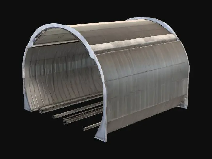 3D model for 一个精密的钢筋混凝土电力隧道模型，呈现出笔直或微弯的管状结构，表面模拟粗糙的混凝土质感，带有微小的颗粒和细致的施工缝隙。整体呈沉稳的灰白色调，内部可能展现出暴露的金属钢筋网格，这些钢筋呈现出深灰色的金属光泽，并带有细密的螺纹。模型触感坚硬而冰冷，细节处模拟了混凝土浇筑的痕迹，精确展现了工程构件的厚重与耐久性。