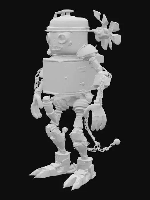 3D model for Create a highly detailed 3D model of a humanoid junkyard monster called 'Recycle Beast'. Its head is made from a stainless steel pressure cooker with broken handle horns. Its torso is formed by an old rusty air cooler's body. The arms are made of bent ceiling fan blades and its hands are crafted from twisted bicycle chains. Its legs are formed from stacked paint buckets and broken metal rods. A cassette tape hangs from its waist like a tail. Give the whole creature a rugged, industrial, post-apocalyptic look, with visible rust, dents, and faded stickers. Make it symmetrical, game-ready, and stylized like a desi scrapyard mech from Indian urban ruins.