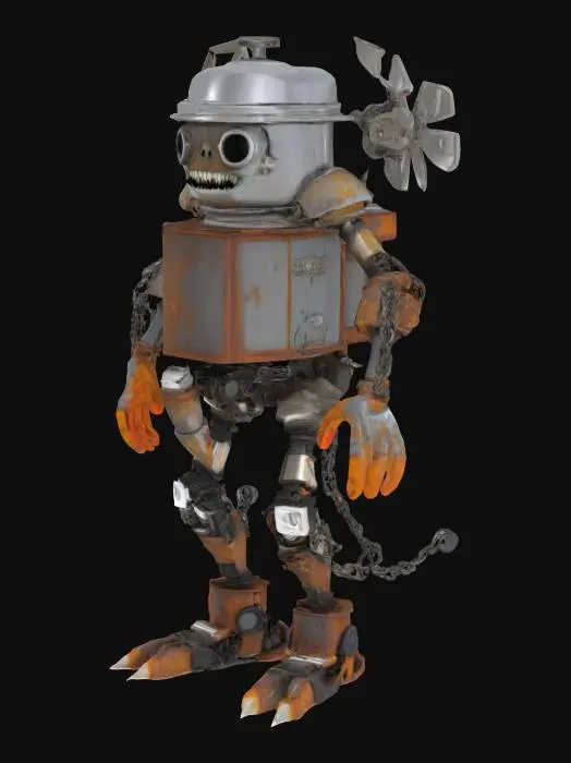 3D model for Create a highly detailed 3D model of a humanoid junkyard monster called 'Recycle Beast'. Its head is made from a stainless steel pressure cooker with broken handle horns. Its torso is formed by an old rusty air cooler's body. The arms are made of bent ceiling fan blades and its hands are crafted from twisted bicycle chains. Its legs are formed from stacked paint buckets and broken metal rods. A cassette tape hangs from its waist like a tail. Give the whole creature a rugged, industrial, post-apocalyptic look, with visible rust, dents, and faded stickers. Make it symmetrical, game-ready, and stylized like a desi scrapyard mech from Indian urban ruins.