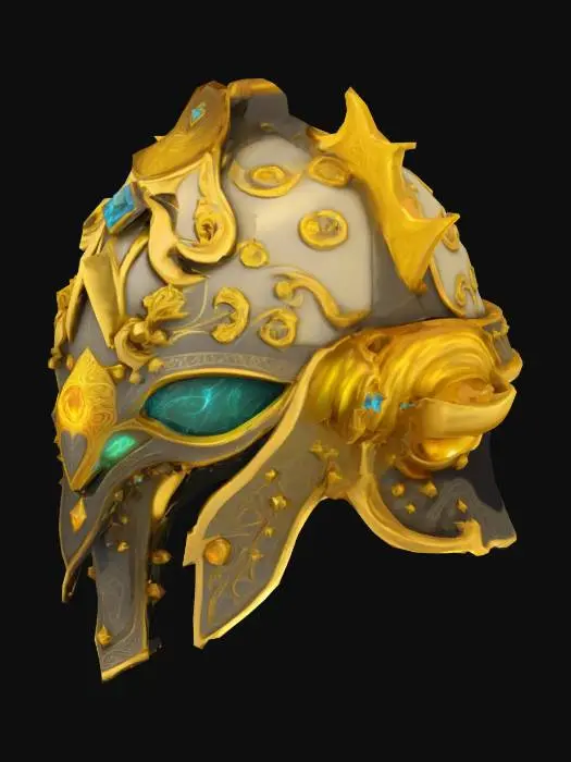 3D model for "Ornate golden helmet for high mage, arcane royal design, polished metal, embedded runestones, elegant curves, flowing mystical patterns, glowing crystal centerpiece, cinematic quality, fantasy style, UE5-ready."