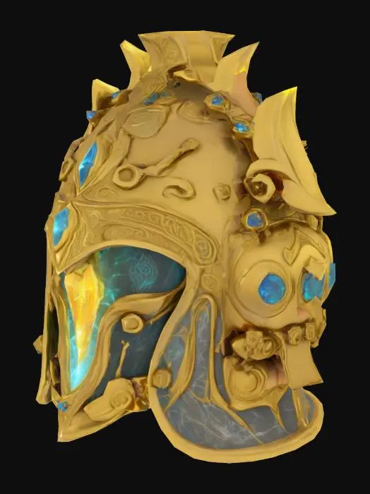 3D model for "Ornate golden helmet for high mage, arcane royal design, polished metal, embedded runestones, elegant curves, flowing mystical patterns, glowing crystal centerpiece, cinematic quality, fantasy style, UE5-ready."