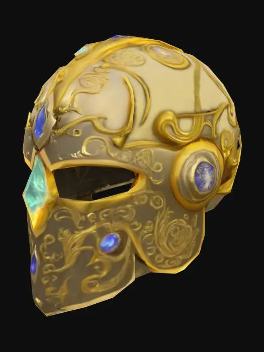 3D model for "Ornate golden helmet for high mage, arcane royal design, polished metal, embedded runestones, elegant curves, flowing mystical patterns, glowing crystal centerpiece, cinematic quality, fantasy style, UE5-ready."