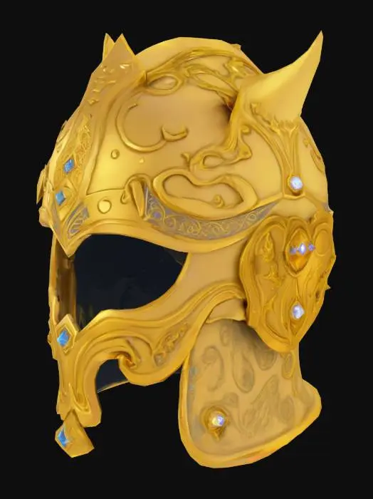 3D model for "Ornate golden helmet for high mage, arcane royal design, polished metal, embedded runestones, elegant curves, flowing mystical patterns, glowing crystal centerpiece, cinematic quality, fantasy style, UE5-ready."