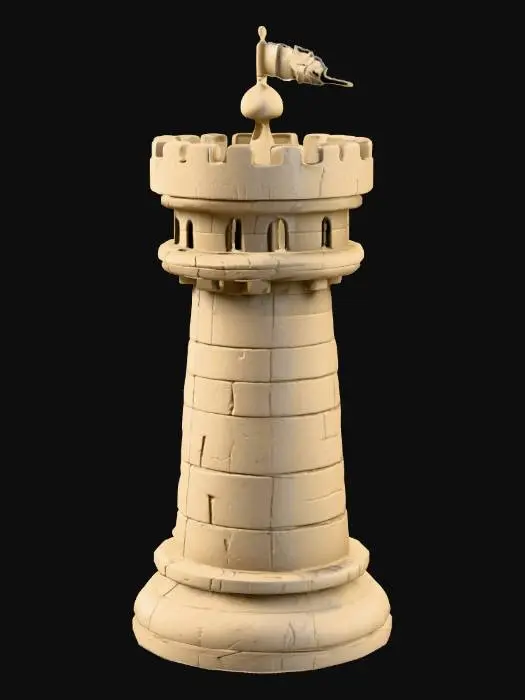 3D model for Создай модель шахматной фигуры ладья в мультяшном стиле в виде башни крепости. Фигура должна быть бежевого цвета. Избегай мелких элементов в модели