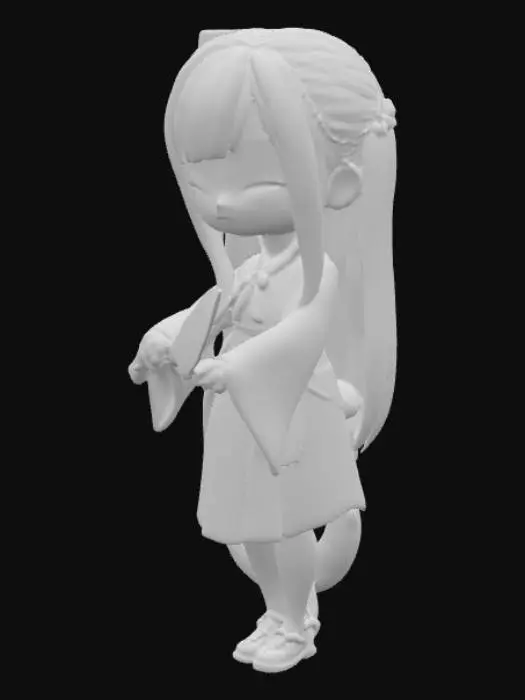 3D model for A chibi-style plush doll of a shrine maiden with a snake tail. She has long black hair, a white kimono top, and a red hakama skirt with a bow. Her face is simple with closed eyes and a smile. She holds a large kitchen knife with a wooden handle, while her snake tail is coiled behind her in brown and beige scales.