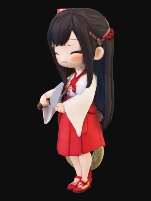 3D model for A chibi-style plush doll of a shrine maiden with a snake tail. She has long black hair, a white kimono top, and a red hakama skirt with a bow. Her face is simple with closed eyes and a smile. She holds a large kitchen knife with a wooden handle, while her snake tail is coiled behind her in brown and beige scales.