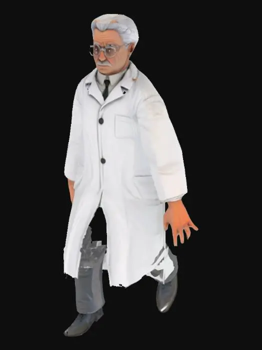3D model for An old male scientist with short gray hair, wearing round glasses and a white lab coat. He has a creepy expression and a slightly hunched posture. His eyes look tired and intense. Medium height, realistic body proportions. Low-poly PS1 style, retro horror vibe t-pose