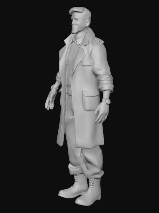 3D model for Create a realistic 3D male character in his mid-30s with subtle Indian features. He should be very tall and thin, standing with a confident posture.

He has a very large, thick mustache that extends widely across his face, styled in a classic South Indian fashion with curled or rounded ends.

He’s wearing a dark tactical coat or long jacket over a plain t-shirt, along with cargo pants and boots. His outfit should look neat and modern — clean and professional, not damaged.

Style: Ultra-realistic cinematic quality, game-ready model for Unity HDRP, neutral T-pose, with accurate lighting and detailed facial hair textures.