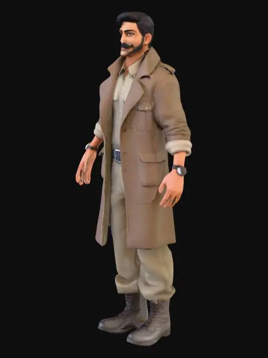 3D model for Create a realistic 3D male character in his mid-30s with subtle Indian features. He should be very tall and thin, standing with a confident posture.

He has a very large, thick mustache that extends widely across his face, styled in a classic South Indian fashion with curled or rounded ends.

He’s wearing a dark tactical coat or long jacket over a plain t-shirt, along with cargo pants and boots. His outfit should look neat and modern — clean and professional, not damaged.

Style: Ultra-realistic cinematic quality, game-ready model for Unity HDRP, neutral T-pose, with accurate lighting and detailed facial hair textures.