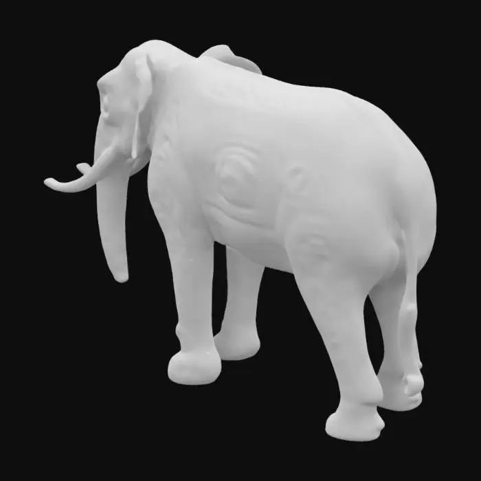 3D model for "Create an extremely thin and elongated terracotta elephant sculpture with long, slender legs and a gracefully stretched body. Its head, trunk, and ears should feature intricate carvings with floral and geometric patterns. Rows of small, suspended bells should drape elegantly across its form. The trunk should be long, tapering, and finely engraved. The texture should resemble handcrafted terracotta with an earthy tone, subtle imperfections, and a majestic yet surreal aesthetic
