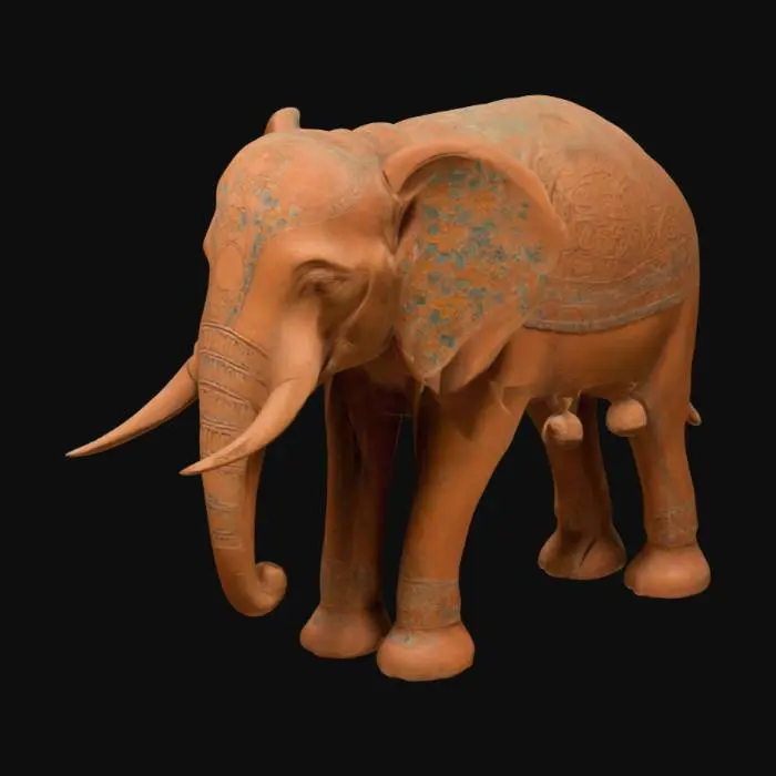 3D model for "Create an extremely thin and elongated terracotta elephant sculpture with long, slender legs and a gracefully stretched body. Its head, trunk, and ears should feature intricate carvings with floral and geometric patterns. Rows of small, suspended bells should drape elegantly across its form. The trunk should be long, tapering, and finely engraved. The texture should resemble handcrafted terracotta with an earthy tone, subtle imperfections, and a majestic yet surreal aesthetic
