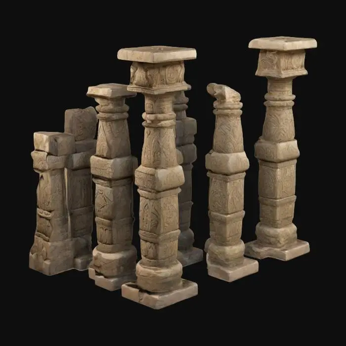 3D model for Create multiple ancient stone pillars with intricate Indian stone carvings. Each pillar should feature detailed engravings of traditional motifs, including floral patterns, deities, and geometric designs. The pillars should be half-broken, appearing weathered and aged, with rough, uneven edges and visible cracks. They should be designed as sculptural installations, arranged artistically. The stone texture should be realistic, with a weathered and erosion enhancing the authenticity.