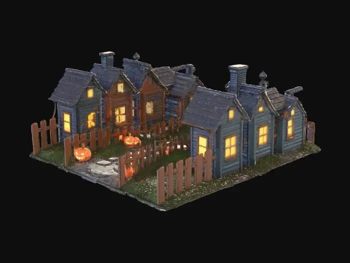 3D model for Connect multiple small houses, glowing pumpkins
lining the road, misty background and fence
silhouettes. Designed to link beside the first
haunted house tile for continuous Halloween wall
art.
3
Haunted Village Street
