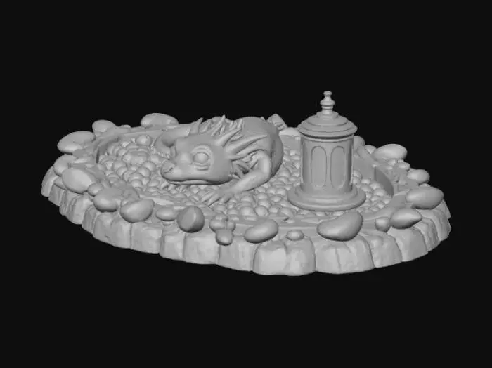 3D model for 3D collectible tile showing a tiny baby dragon sleeping on a pile of shiny crystals, guarded by a small fairy lantern. Tile shape: oval with flame-shaped edges. Multi-color (emerald green, gold, silver, lavender). Soft glow, embossed 3D relief, detailed scales and gems, cinematic lightning.
