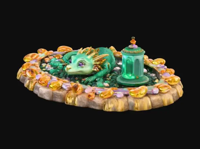 3D model for 3D collectible tile showing a tiny baby dragon sleeping on a pile of shiny crystals, guarded by a small fairy lantern. Tile shape: oval with flame-shaped edges. Multi-color (emerald green, gold, silver, lavender). Soft glow, embossed 3D relief, detailed scales and gems, cinematic lightning.