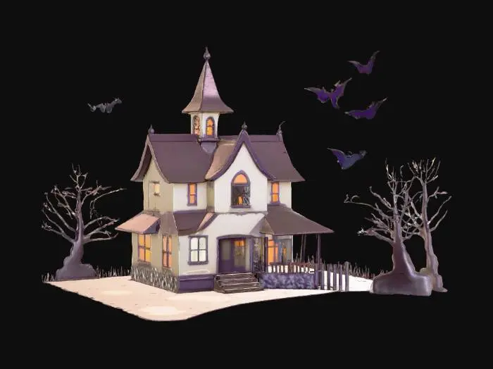 3D model for The house silhouetted against a large glowing
moon, bats flying, ghost peeking from window.
Balanced multi-color palette (orange, gray, white,
yellow, purple). Flat-back tile, 150x150x6 mm.
1
Haunted House with Full Moon