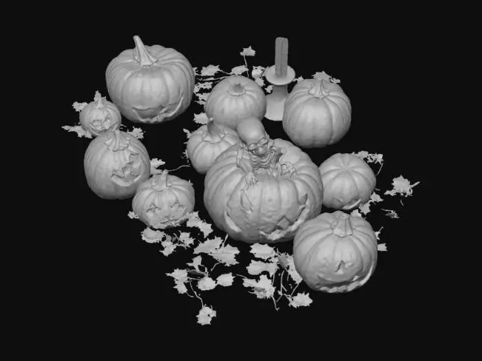 3D model for A small haunted pumpkin garden with floating
candles, spider webs, and smiling pumpkins. One
pumpkin's eyes blink open revealing a mini
skeleton peeking out. Whimsical yet spooky 3D
diorama scene.
3. Haunted Pumpkin Garden