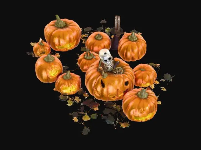 3D model for A small haunted pumpkin garden with floating
candles, spider webs, and smiling pumpkins. One
pumpkin's eyes blink open revealing a mini
skeleton peeking out. Whimsical yet spooky 3D
diorama scene.
3. Haunted Pumpkin Garden